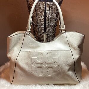 Authentic Tory Burch Elegant Cream Bombe T Tote Bag